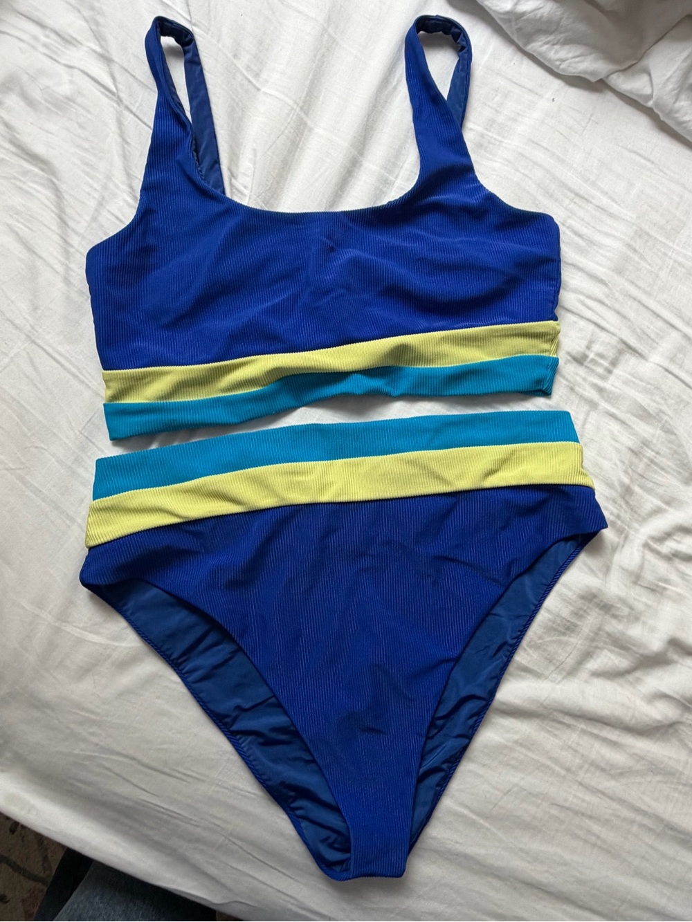 Beach Riot Blue Bikini Set with Yellow & Teal Bands